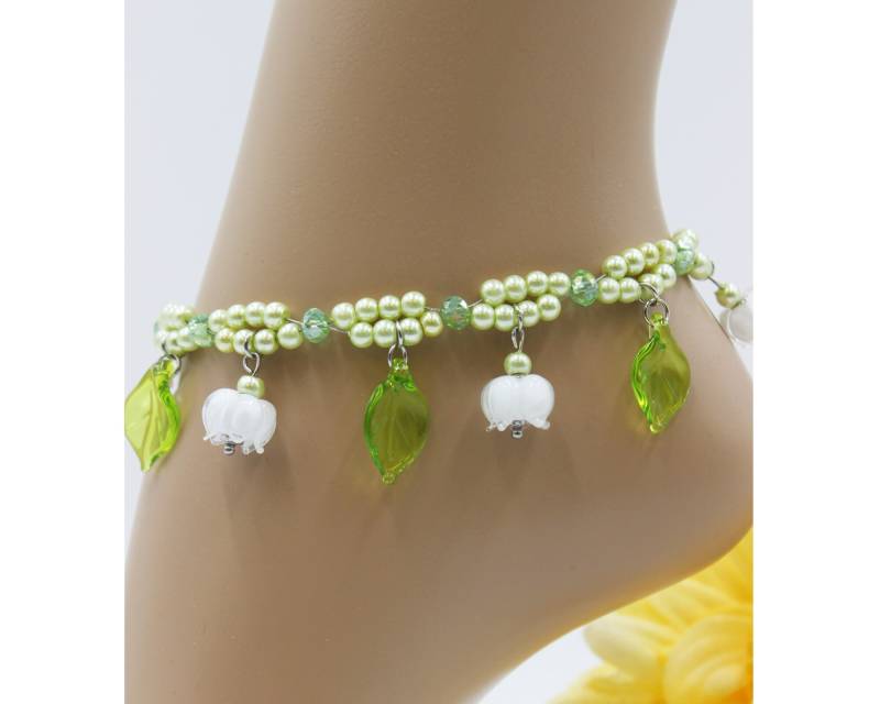Blumen Blüten Fusskette Fußkettchen Lampwork Edelstahl Perlen Maiglöckchen Frühling #ja055 von GlassJewelsDE