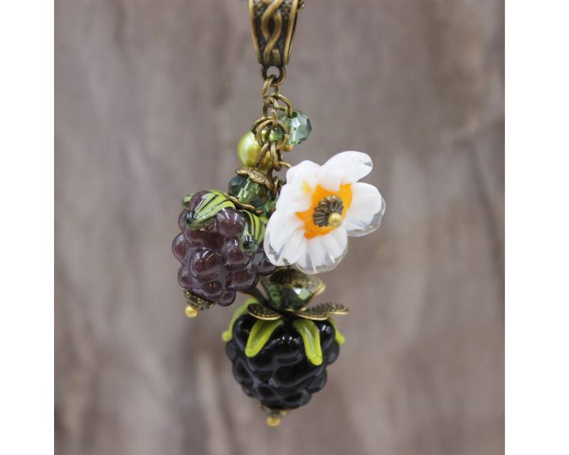 Brombeeren Kette Anhänger Früchte Herbst Blüten Bronze Lampwork Vintage #n058 von GlassJewelsDE