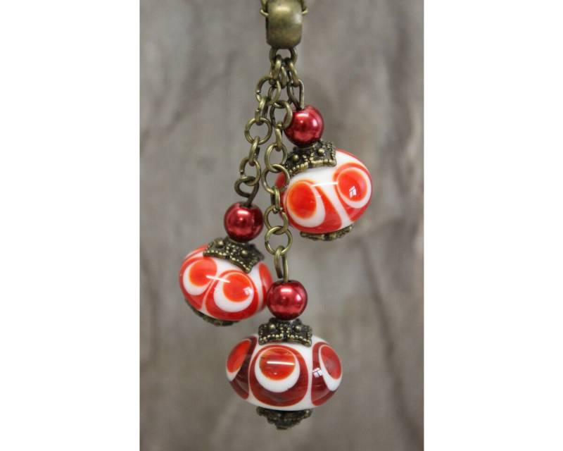 Bronze Halskette Lampwork Boho Vintage Rot Weiß Perlen #n049 von GlassJewelsDE