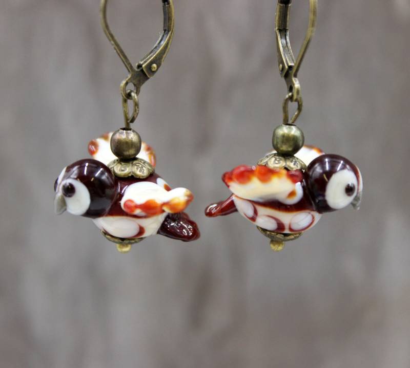 Bronze Ohrringe Ohrhänger Eule Braun Vintage Lampwork Perlen Herbst #i060 von GlassJewelsDE