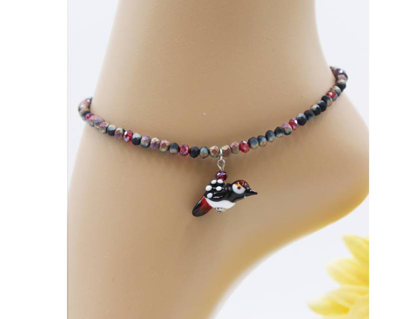 Edelstahl Buntspecht Specht Fußkettchen Fußkette Lampwork Perlen Vogel Boho Sommer Glas #ja062 von GlassJewelsDE