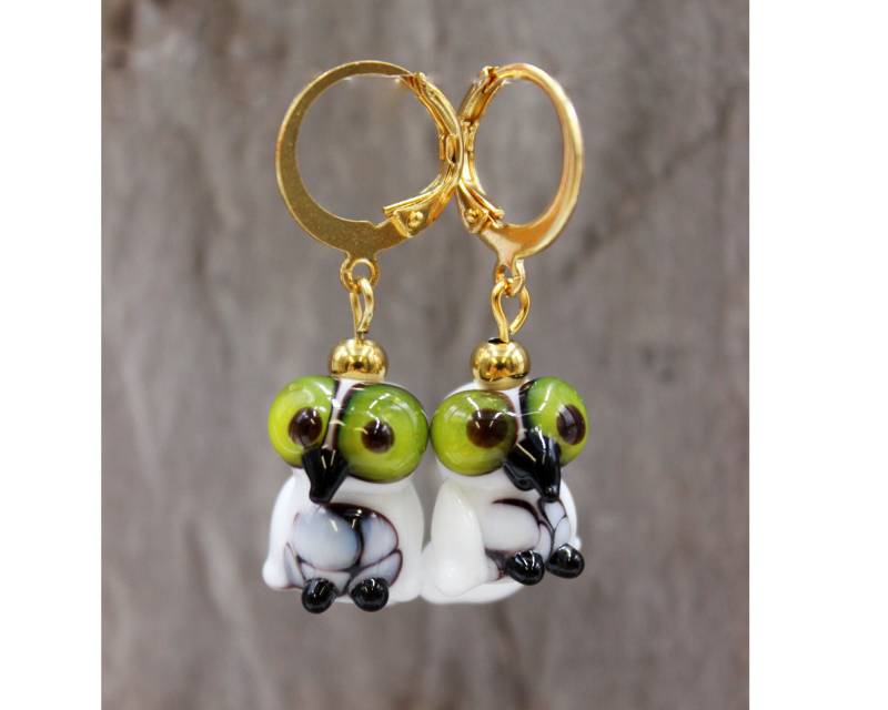 Edelstahl Goldfarben Ohrringe Ohrhänger Eulen Comic Lampwork Perlen Handarbeit #da001 von GlassJewelsDE