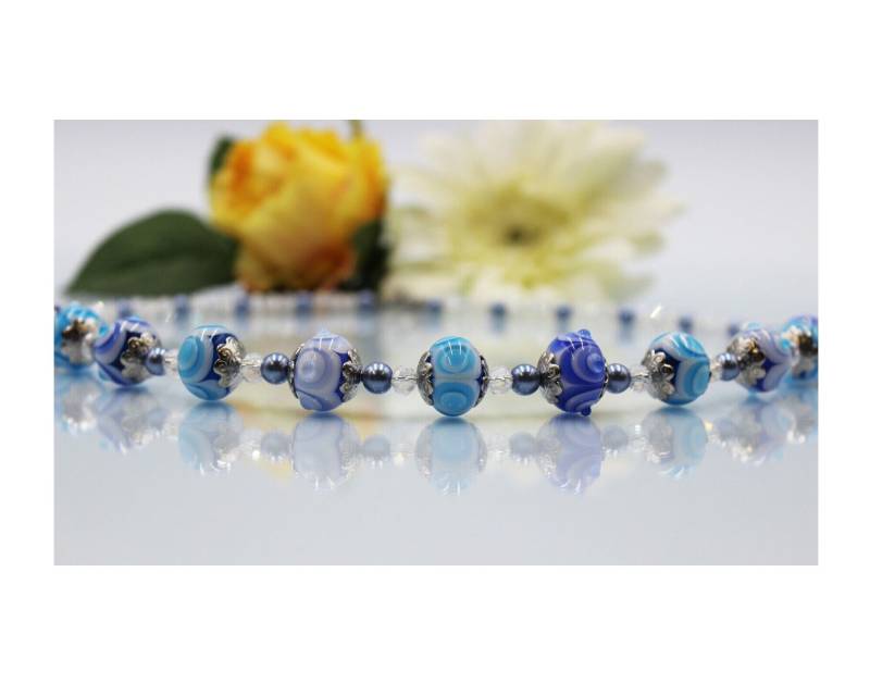Edelstahl Lampwork Collier Kette Perlen Blau Türkis Boho 57cm #m086 von GlassJewelsDE