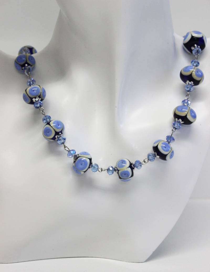 Edelstahl Lampwork Collier Perlen Blau Edel Kette Handarbeit #m078 von GlassJewelsDE