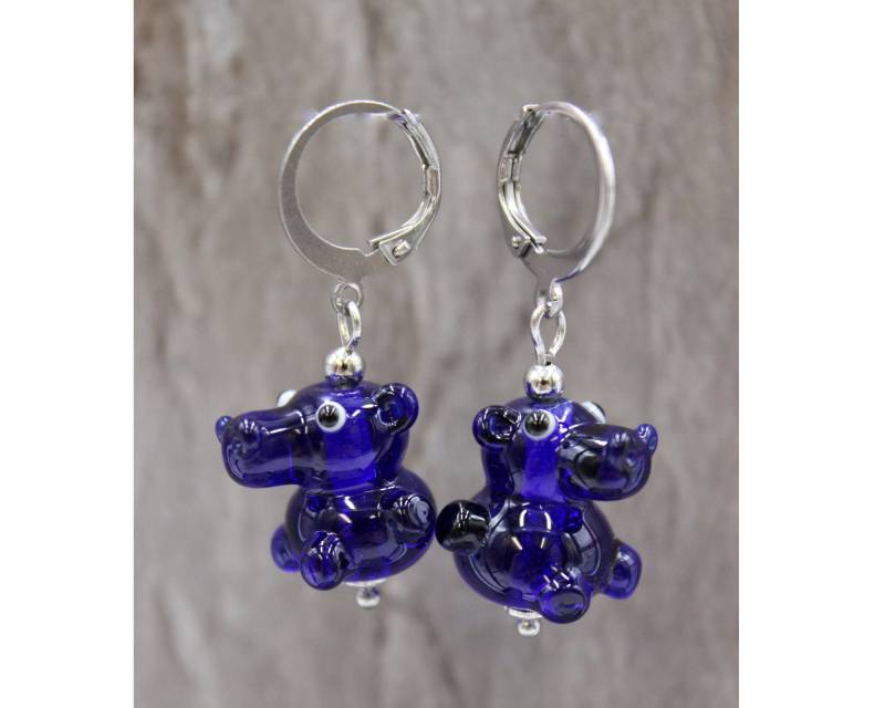 Edelstahl Ohrringe Ohrhänger Lampwork Nilpferd Hippo Comic Perlen #la044 von GlassJewelsDE