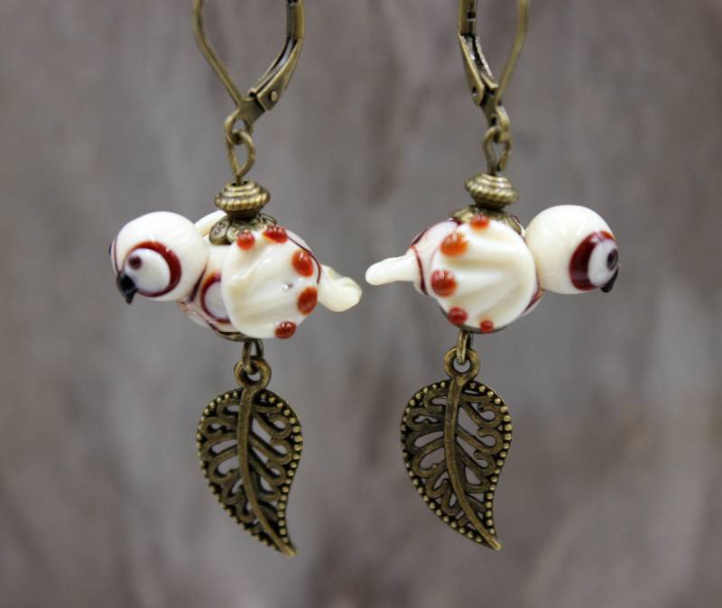 Eulen Ohrringe Ohrhänger Lampwork Perlen Herbst Bronze Vintage Natur #i067 von GlassJewelsDE