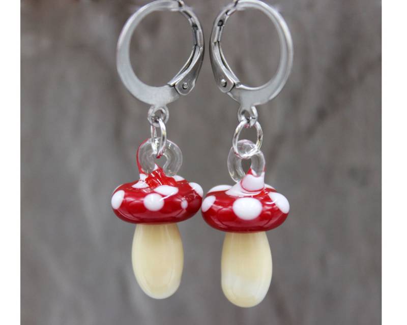 Fliegenpilz Ohrringe Ohrhänger Lampwork Pilze Herbst Perlen Edelstahl Damen #c055 von GlassJewelsDE