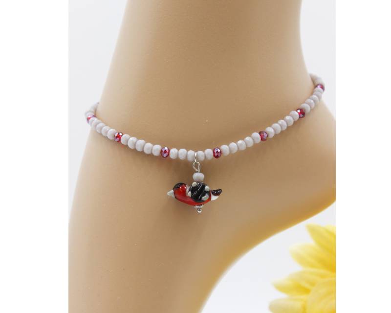Fußkettchen Fußkette Fusskette Dompfaff Stierfink Vögel Natur Lampwork Perlen Vogel Gimpel Fink #ja060 von GlassJewelsDE