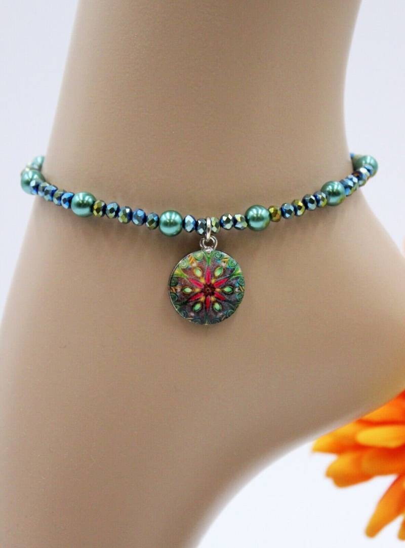 Fußkette Fußkettchen Perlen Petrol Grün Hippie Mandala Anhänger Größe S #ja066 von GlassJewelsDE