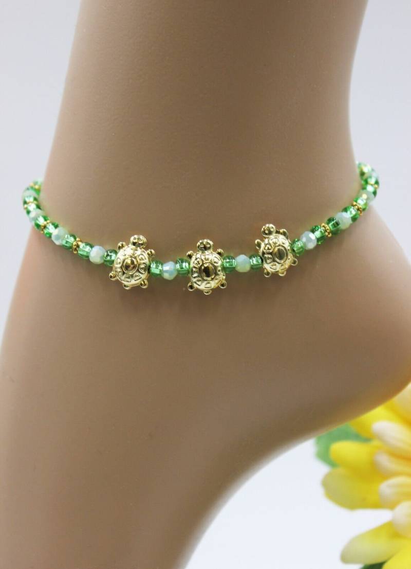 Fußkette Fußkettchen Schildkröte Hämatit Perlen Grün Boho Strand Größe Xs#ka095 von GlassJewelsDE