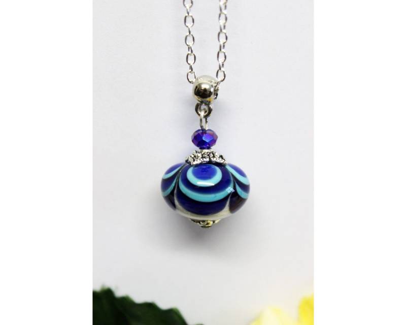 Kette Anhänger Lampwork Perle Mandala Blau Weiß #m044 von GlassJewelsDE