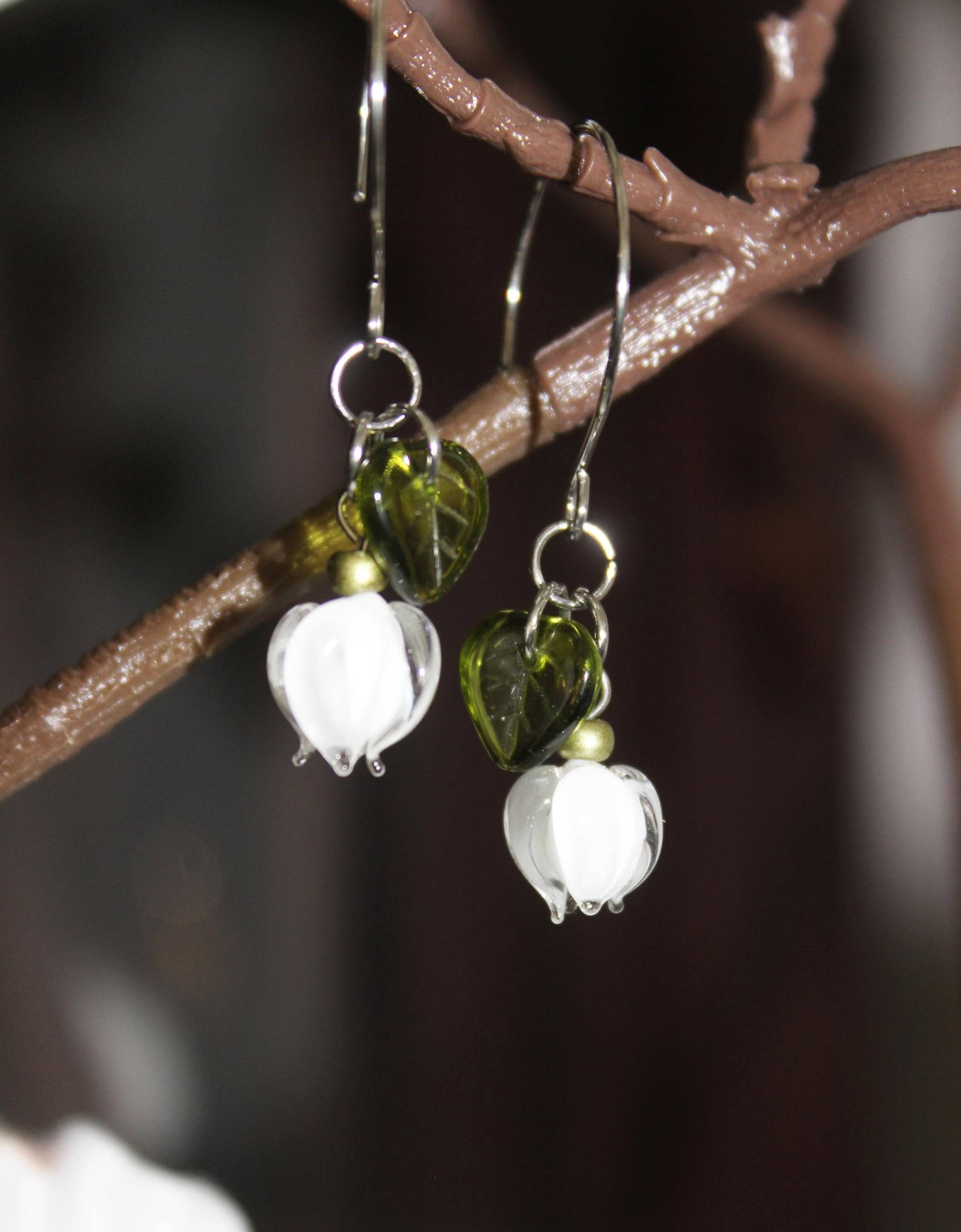 Ohrringe Blüten Maiglöckchen Blumen Ohrhänger Lampwork Perlen Edelstahl #l064 von GlassJewelsDE