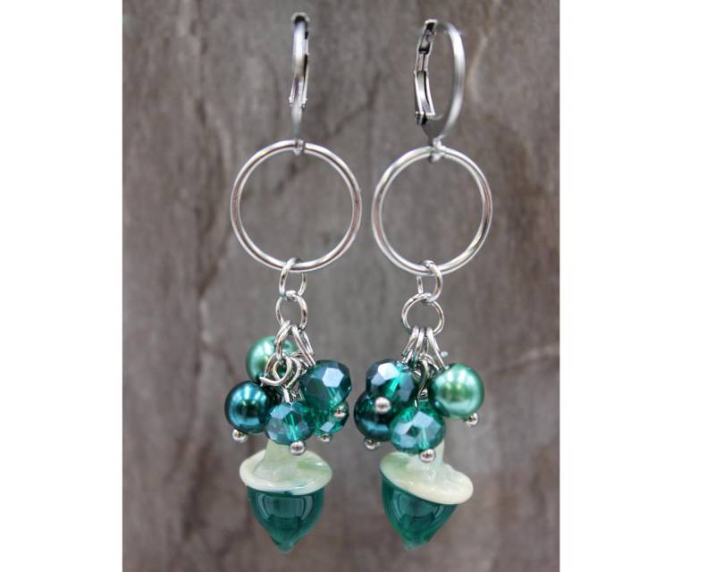 Ohrringe Eicheln Herbst Petrol Perlen Edelstahl Lampwork Handarbeit Modern #l006 von GlassJewelsDE