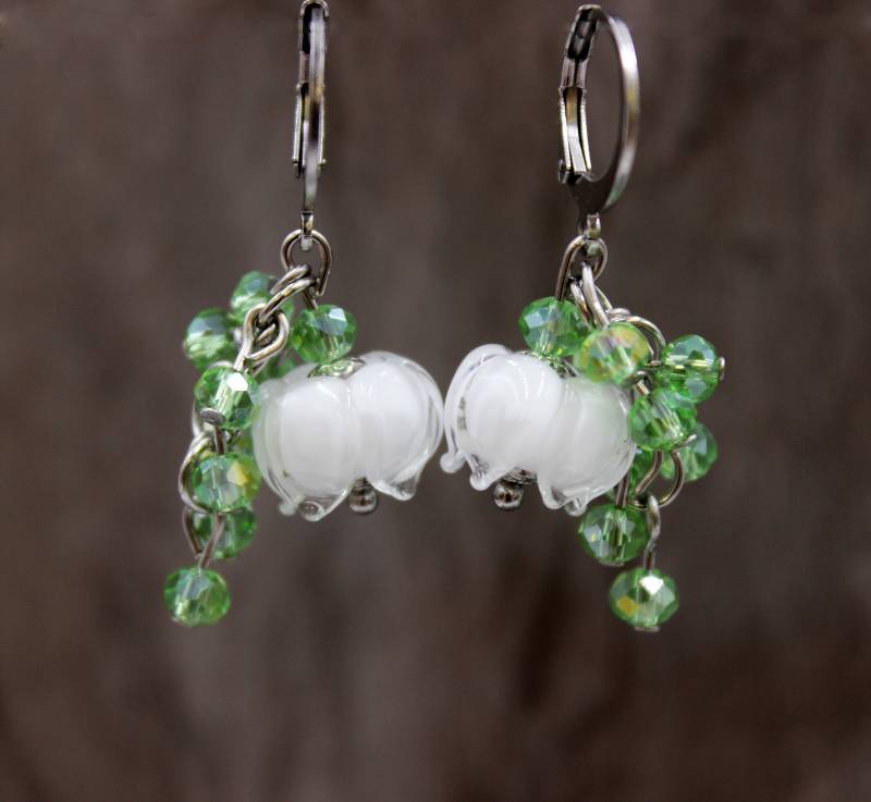 Ohrringe Maiglöckchen Blüten Ohrhänger Lampwork Perlen Edelstahl Boho #l069 von GlassJewelsDE