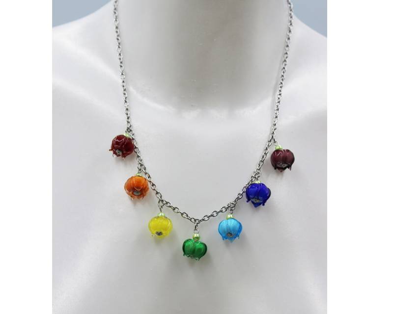 Regenbogen Perlen Edelstahl Lampwork Kette Collier Blumen Blüten #mb064 von GlassJewelsDE