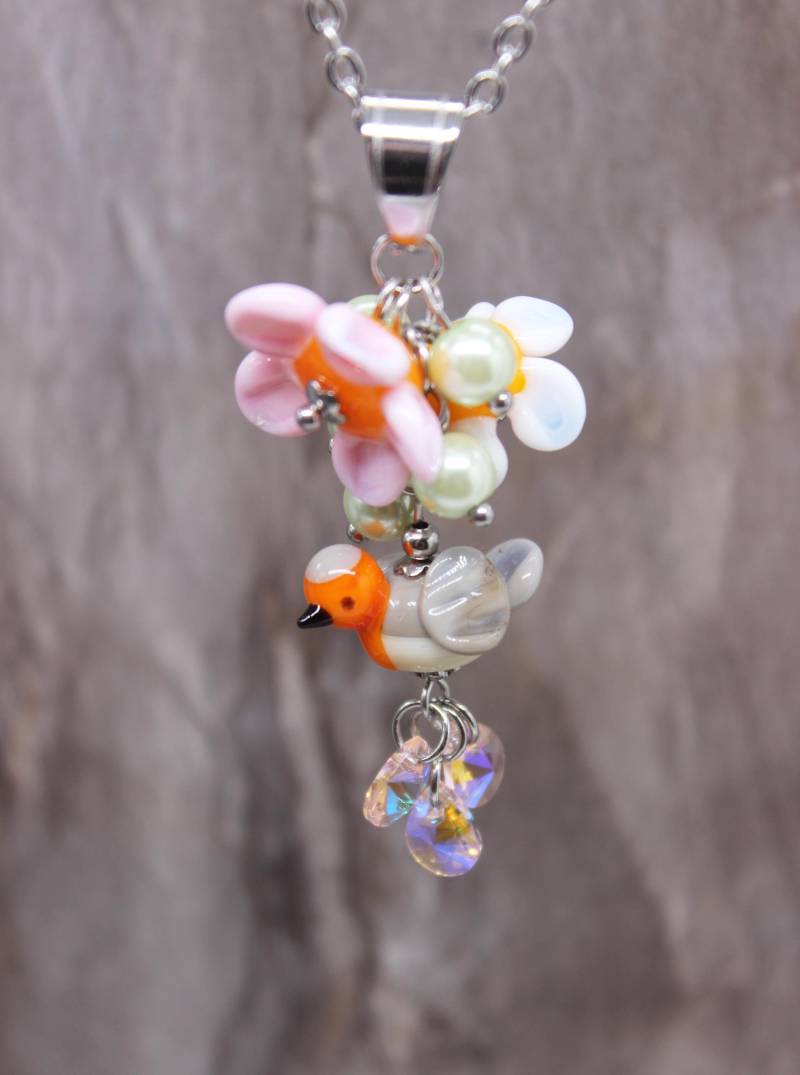 Rotkehlchen Blüten Kette Vogel Frühling Anhänger Lampwork Perlen Collier #mb089 von GlassJewelsDE