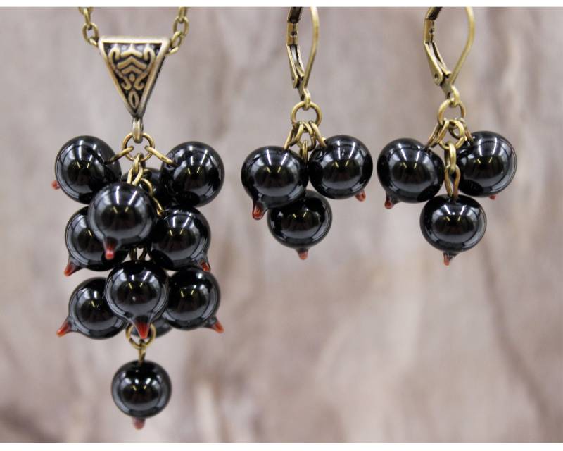 Schmuckset Herbst Johannisbeeren Schwarz Lampwork Perlen Vintage Früchte #e059 von GlassJewelsDE