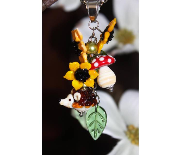 Sonnenblumen Igel Kette Pilz Collier Herbst Damen Perlen Lampwork Edelstahl#m077 von GlassJewelsDE