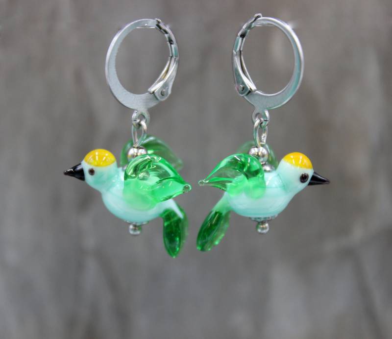 Vogel Ohrringe Ohrhänger Lampwork Grün Mint Boho #la067 von GlassJewelsDE