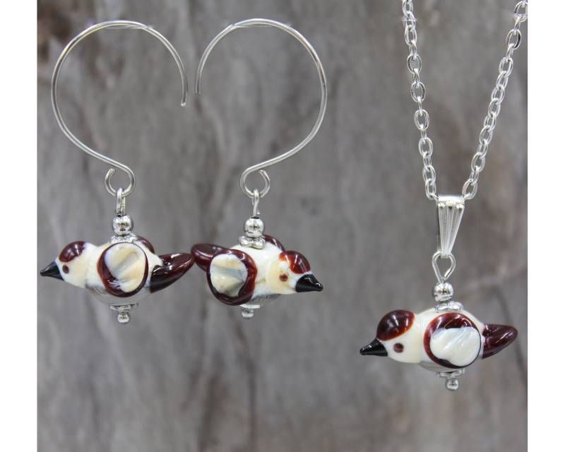 Vogel Sperling Schmuckset Edelstahl Ohrringe Anhänger Kette Lampwork Perlen Glas #e046 von GlassJewelsDE