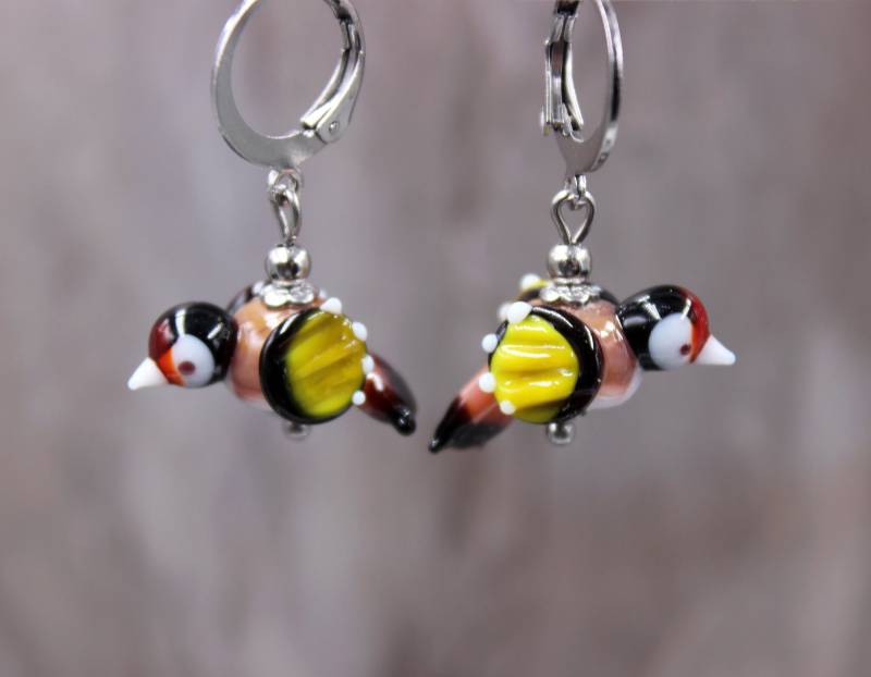 stieglitz Distelfink Vogel Ohrringe Ohrhänger Lampwork Perlen Edelstahl #lb006 von GlassJewelsDE