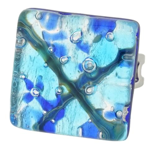 Glass Of Venice Quadratischer Verstellbarer Ring mit venezianischen Reflexionen - Aqua Blue von Glass Of Venice