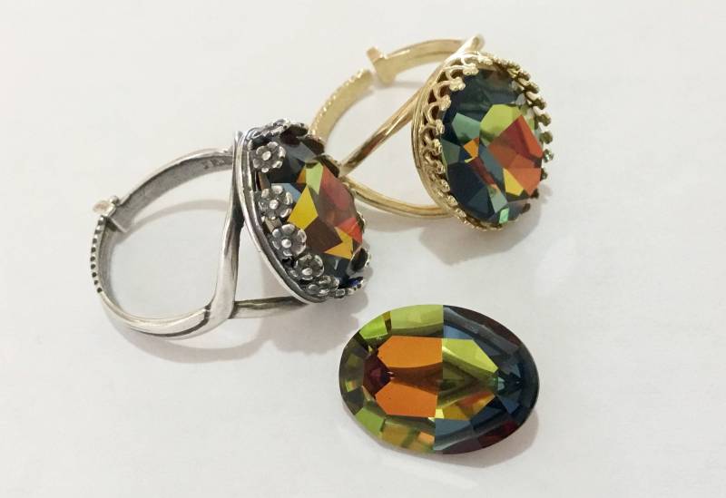 Regenbogen Kristall Oval Lünette Fingerring Vitrail Medium Antik Silber Golden Brass Verstellbar Cocktail Mit Swarovski Jewels Herren Geschenke von GlassSlippersCC