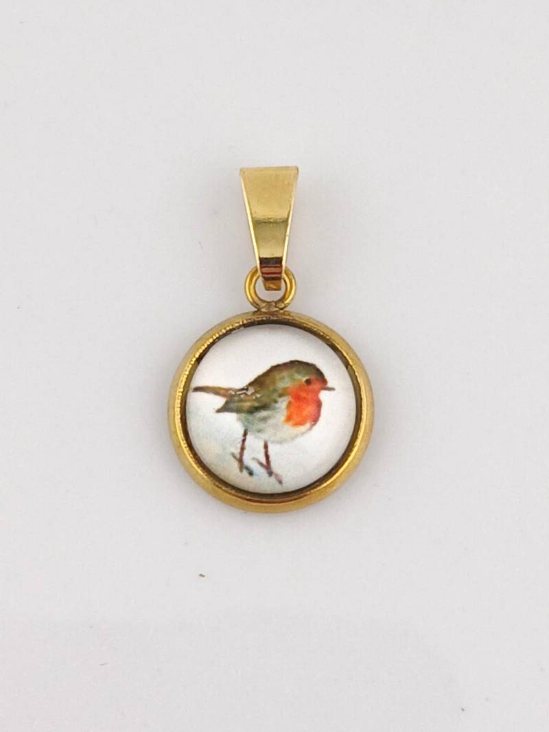 Anhänger Gold Rotkehlchen Vogel 10mm Edelstahl von GlasschmuckBirgitH