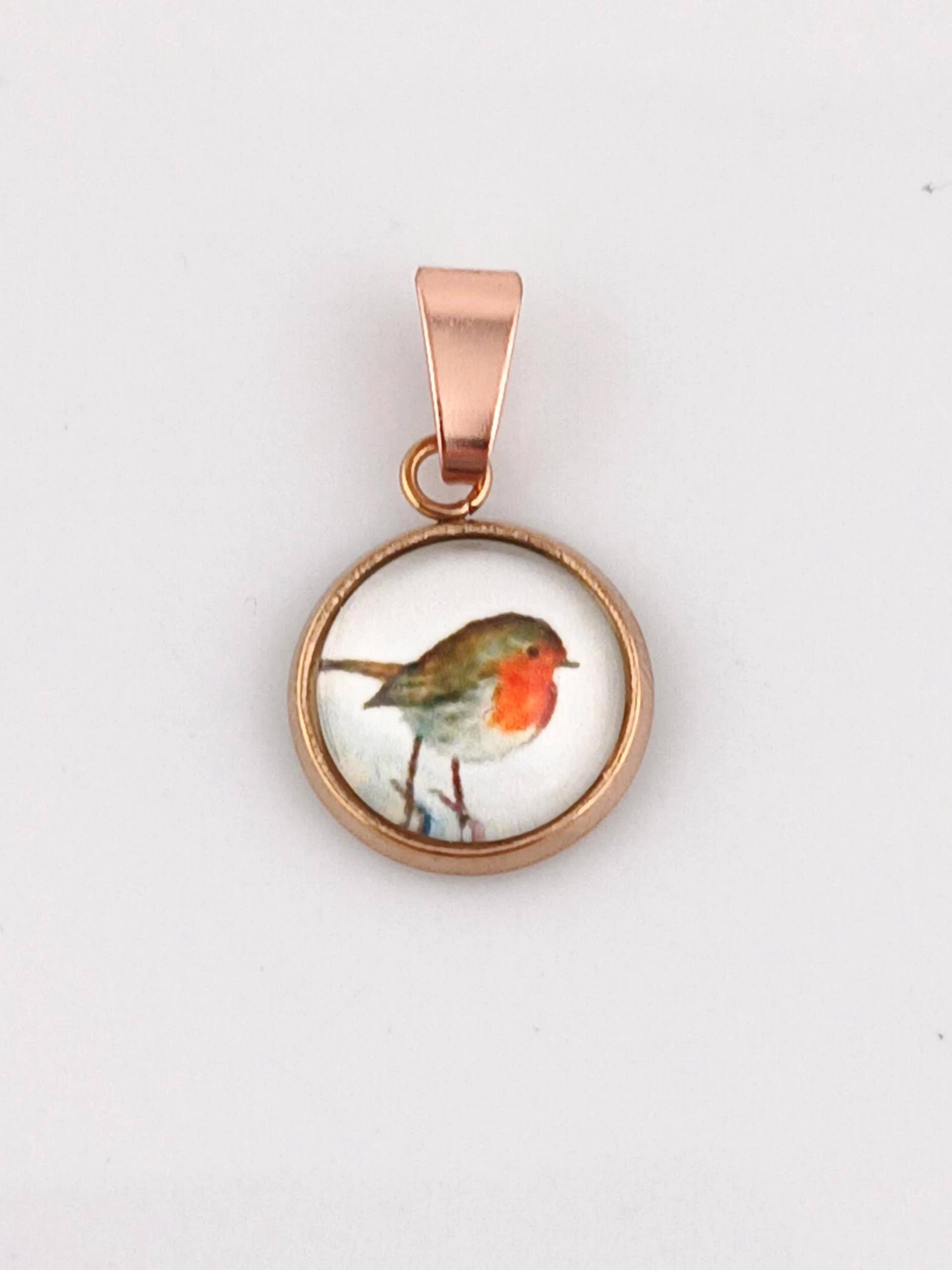 Anhänger Rosegold Rotkehlchen Vogel 10mm Edelstahl von GlasschmuckBirgitH
