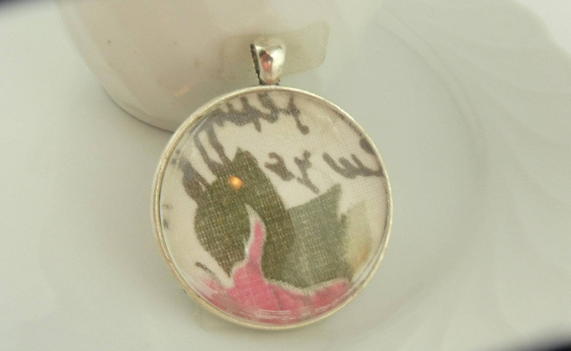 Anhänger Silber Rosa Weiß Grün Statement 40mm von GlasschmuckBirgitH