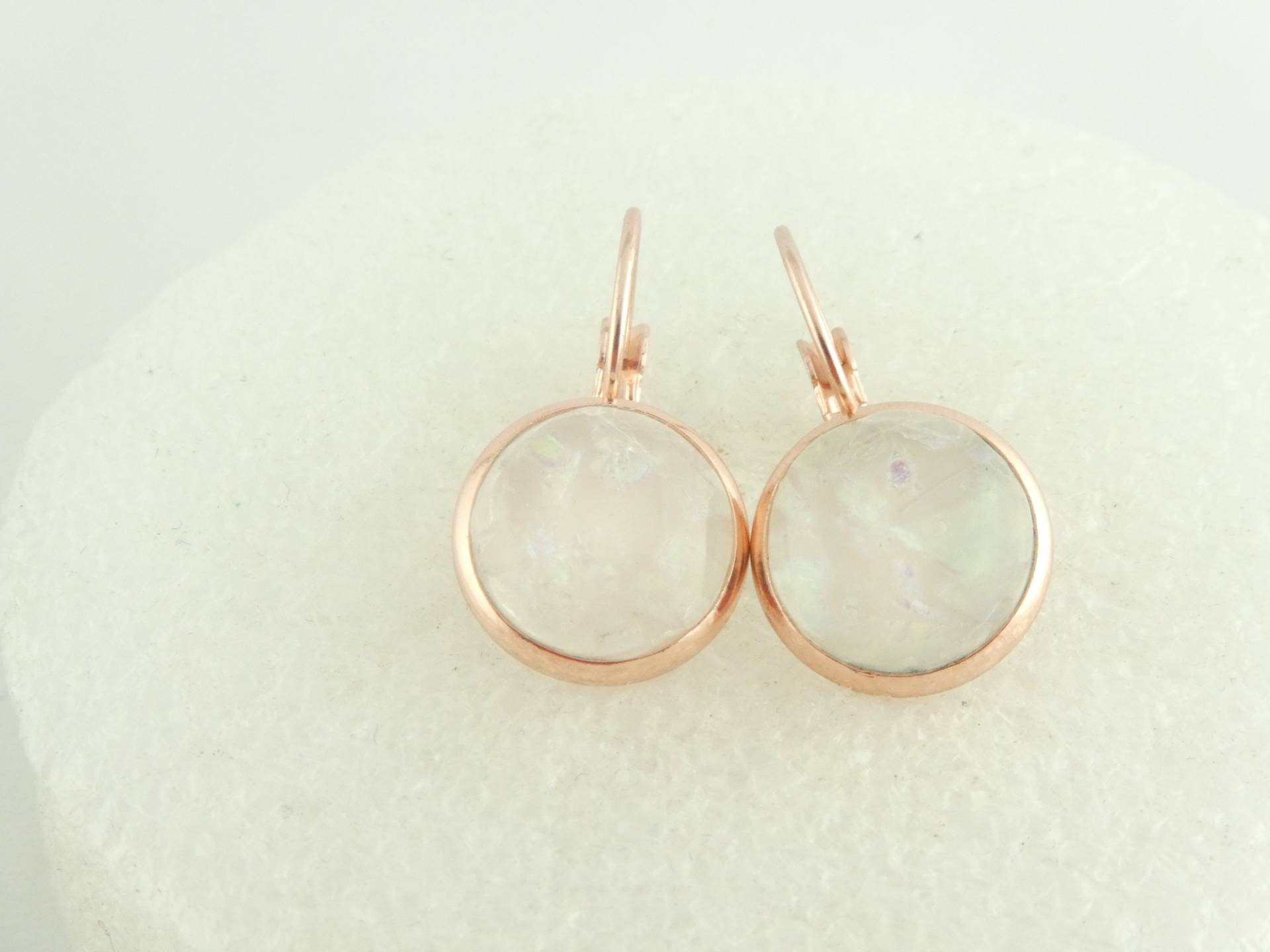 Cabochon Ohrringe Ohrhänger Rosegold Weiss Opal Rund 12mm Edelstahl, Ohrhänger Weiss von GlasschmuckBirgitH