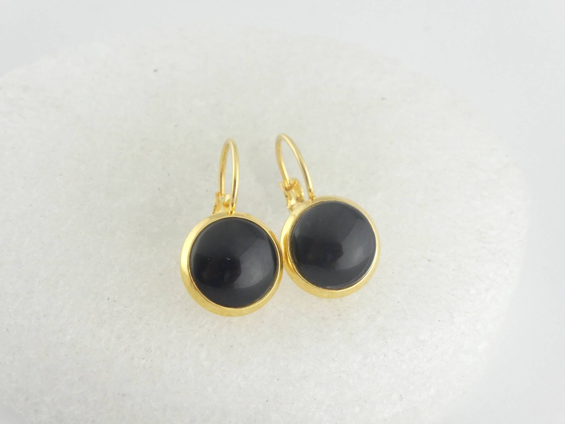 Cabochon Ohrrringe Ohrhänger Gold-Schwarz Rund Minimalistisch 10mm Edelstahl von GlasschmuckBirgitH