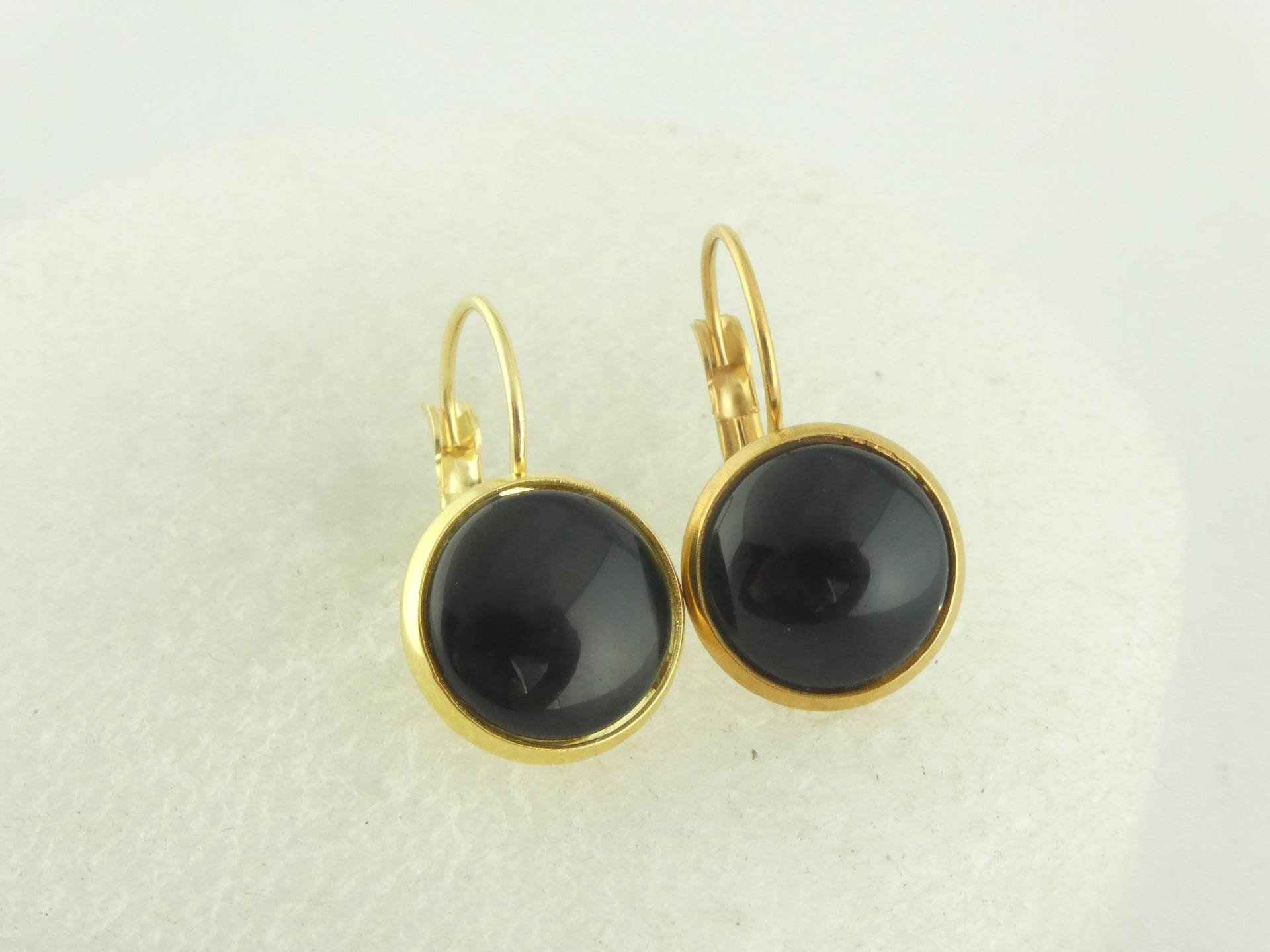 Cabochon Ohrrringe Ohrhänger Gold-Schwarz Rund Minimalistisch 12mm Edelstahl von GlasschmuckBirgitH