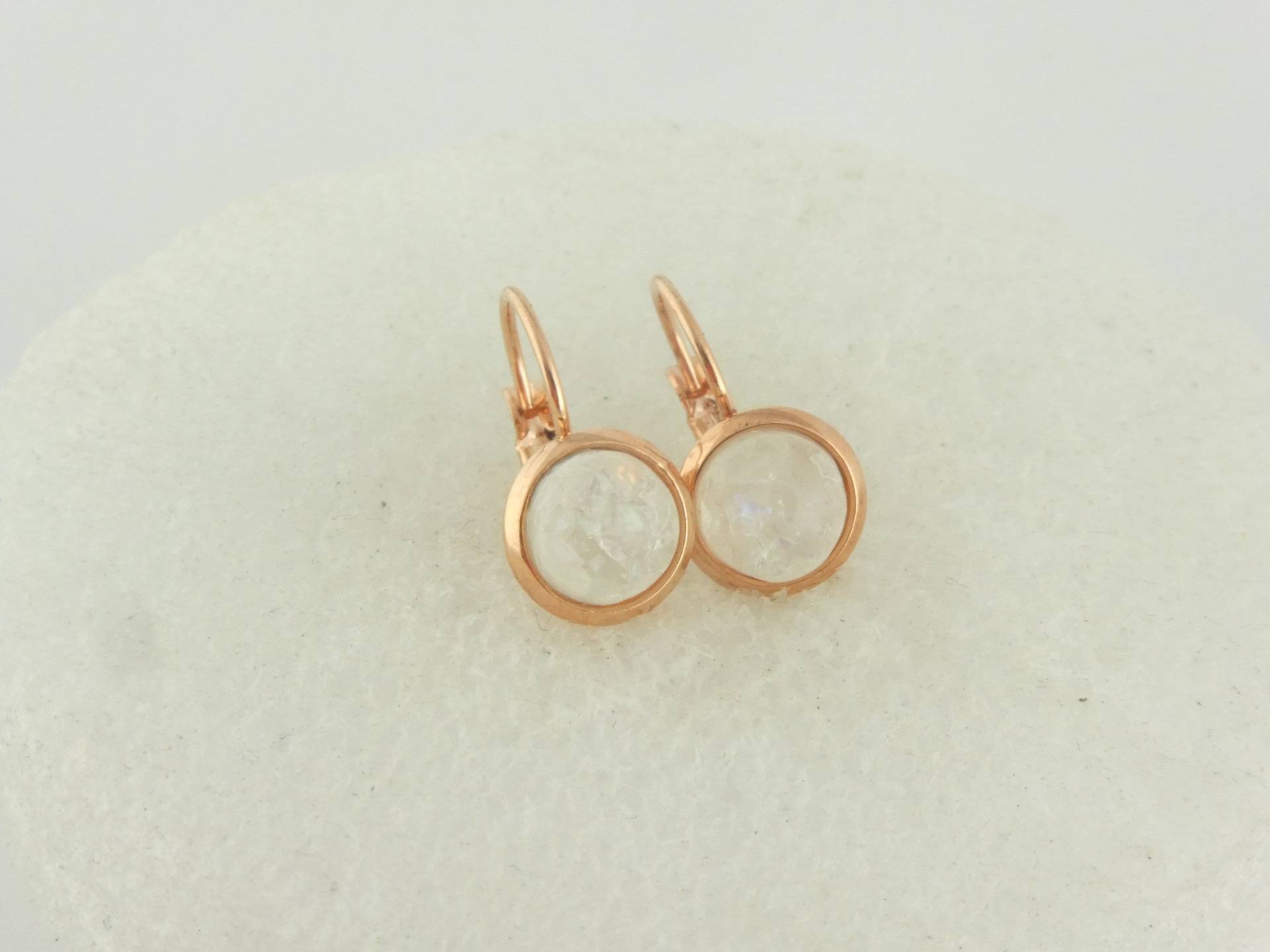 Cabochon Ohrrringe Ohrhänger Rosegold Weiss Opal Rund Minimalistisch 8mm Edelstahl von GlasschmuckBirgitH