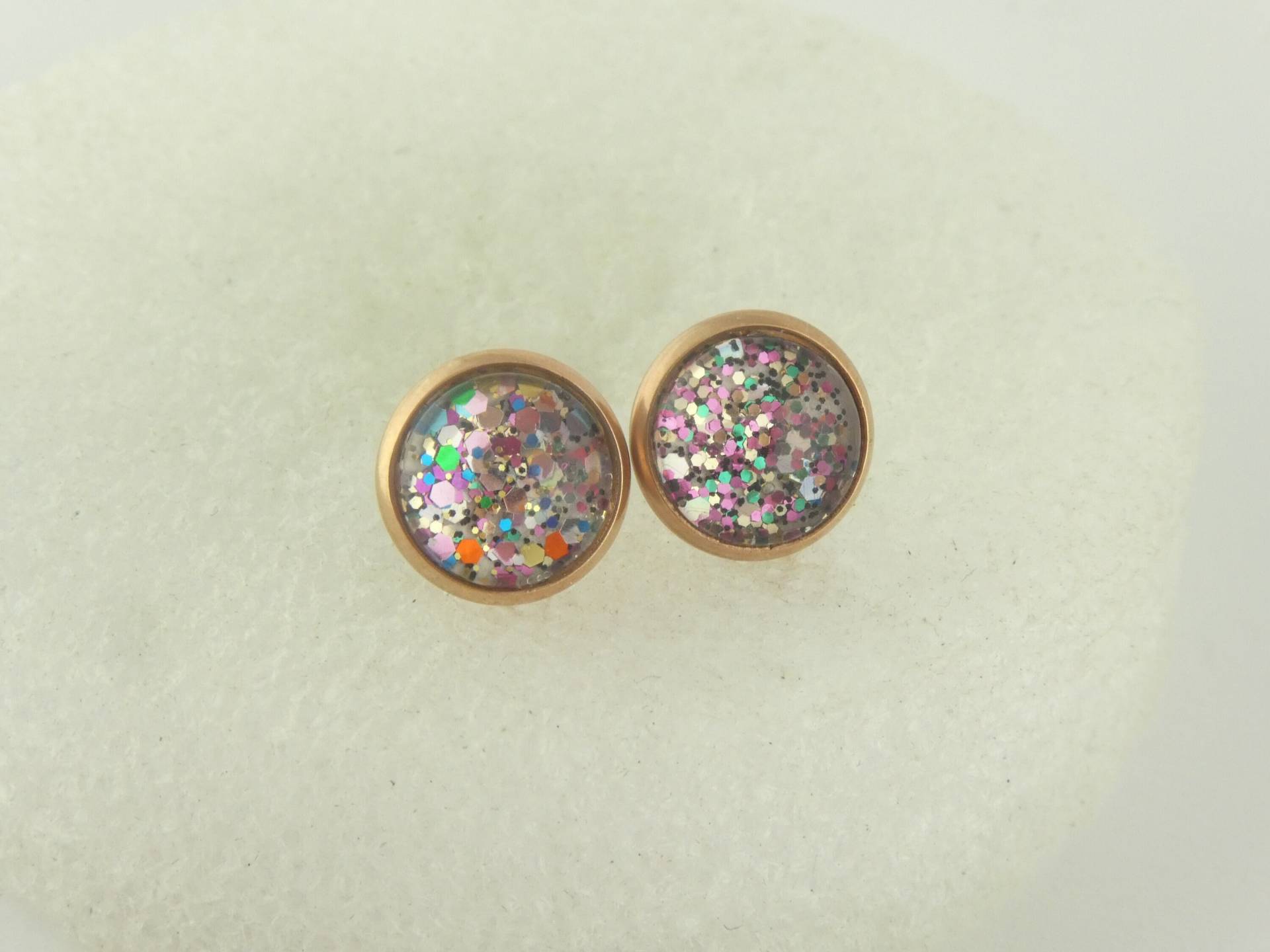 Cabochon Ohrstecker Ohrringe Rosegold-Bunt Rund Minimalistisch 10mm Edelstahl von GlasschmuckBirgitH