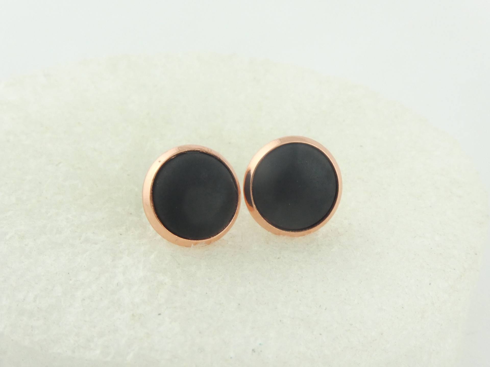 Cabochon Ohrstecker Ohrringe Rosegold-Schwarz Matt Polaris Rund Minimalistisch 10mm Edelstahl von GlasschmuckBirgitH