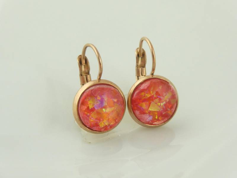 Ohrringe Ohrhänger Rosegold Rot Opal 10mm Edelstahl Ohrringe Ohrhänger Rosegold Rot Opal 10mm Edelstahl von GlasschmuckBirgitH