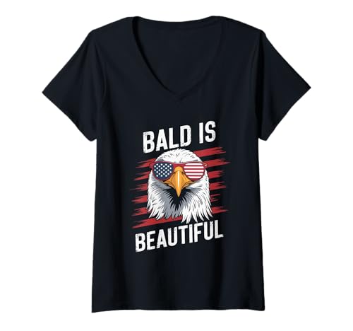 Damen Bald is Beautiful Sonnenbrille Adler Flagge Patrioten Stolz T-Shirt mit V-Ausschnitt Damen Bald is Beautiful Sonnenbrille Adler Flagge Patrioten Stolz T-Shirt mit V-Ausschnitt von Glatze Stolz Humorischer Adler Bald Is Beautiful