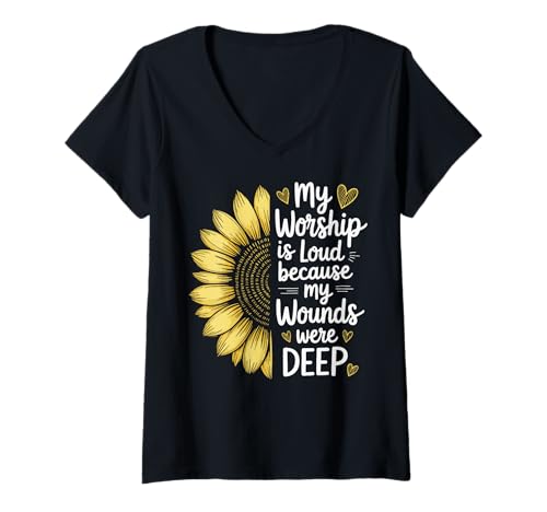 Damen My Worship is Loud Because My Wounds were Deep T-Shirt mit V-Ausschnitt Damen My Worship is Loud Because My Wounds were Deep T-Shirt mit V-Ausschnitt von Glaube Christlich Heilung Lobpreis Religiös Kirche