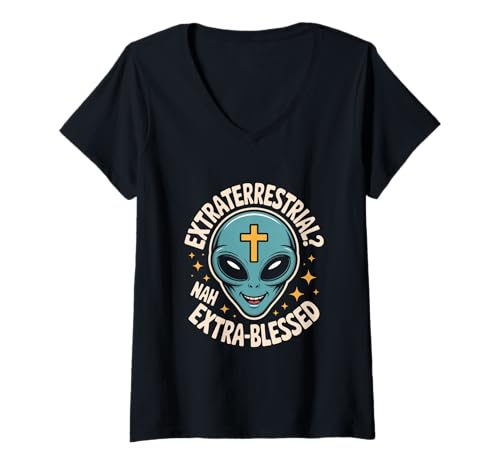 Damen Christlich Ausserirdisch Nein Extragesegnet T-Shirt mit V-Ausschnitt von Glaube Christlich Kreuz Extra Gesegnet Alien