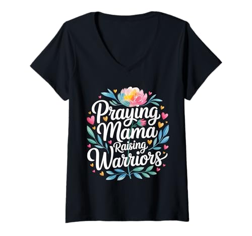 Damen Praying Mama Raising Warriors - T-Shirt mit V-Ausschnitt von Glaube Familiengebet Mütter