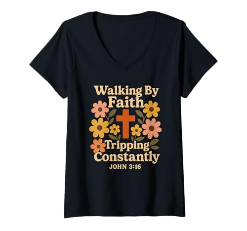 Damen Walking by Faith Tripping Constantly Blumen Christlicher T-Shirt mit V-Ausschnitt von Glaube Freude Walking By Faith Tripping Constantly