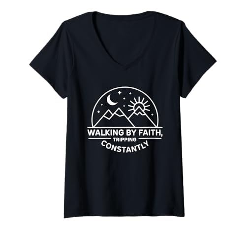 Damen Walking by Faith Tripping Constantly Glaube Humor T-Shirt mit V-Ausschnitt Damen Walking by Faith Tripping Constantly Glaube Humor T-Shirt mit V-Ausschnitt von Glaube Humor Spruch Berglandschaft Zitat