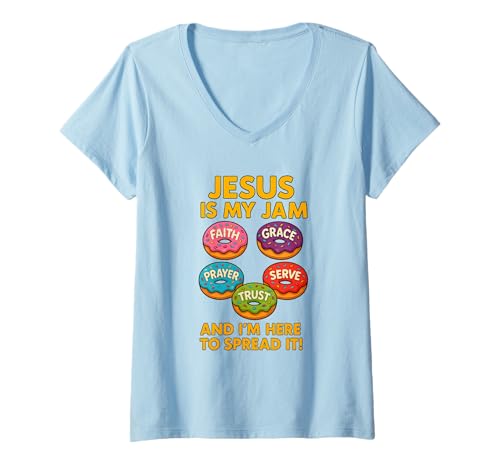 Damen Jesus is My Jam Donut Lustig Christliche Glauben Shirt T-Shirt mit V-Ausschnitt von Glaube Liebe Hoffnung Donut Christlich