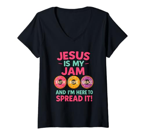Damen Jesus is My Jam Donut Lustig Christliche Glauben Shirt T-Shirt mit V-Ausschnitt Damen Jesus is My Jam Donut Lustig Christliche Glauben Shirt T-Shirt mit V-Ausschnitt von Glaube Liebe Hoffnung Donut Christlich