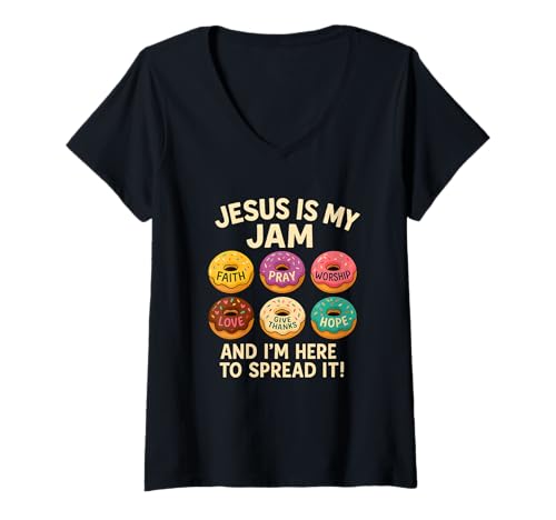 Damen Jesus is My Jam Donut Lustig Christliche Glauben Shirt T-Shirt mit V-Ausschnitt von Glaube Liebe Hoffnung Donut Christlich