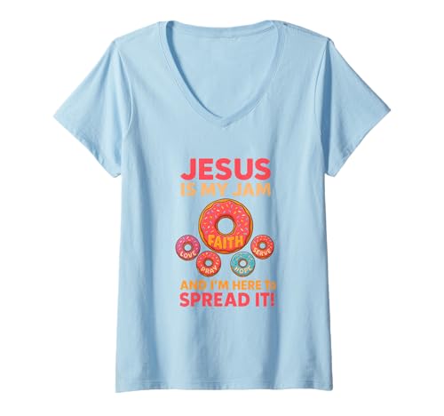 Damen Jesus is My Jam Donut Lustig Christliche Glauben Shirt T-Shirt mit V-Ausschnitt von Glaube Liebe Hoffnung Donut Christlich