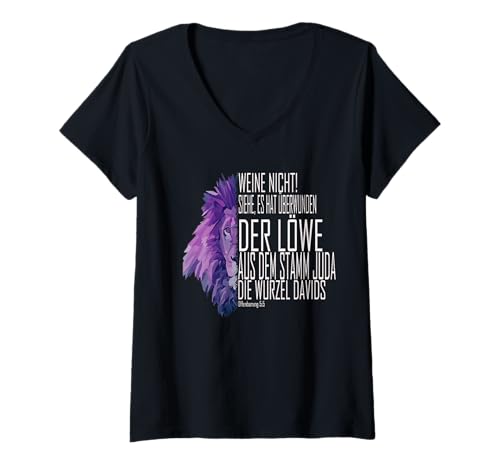 Damen Siehe, es hat überwunden der Löwe aus dem Stamm Juda T-Shirt mit V-Ausschnitt von Glaube an Gott | Jesus Liebe
