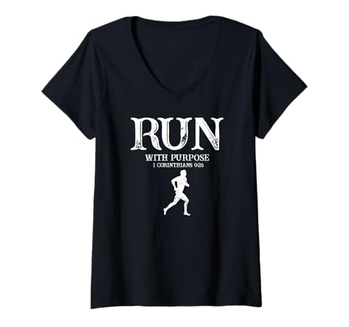 Damen Laufe mit Ziel – 1. Korinther 9:26 inspiriert T-Shirt mit V-Ausschnitt Damen Laufe mit Ziel – 1. Korinther 9:26 inspiriert T-Shirt mit V-Ausschnitt von Glaube und Motivation für Läufer