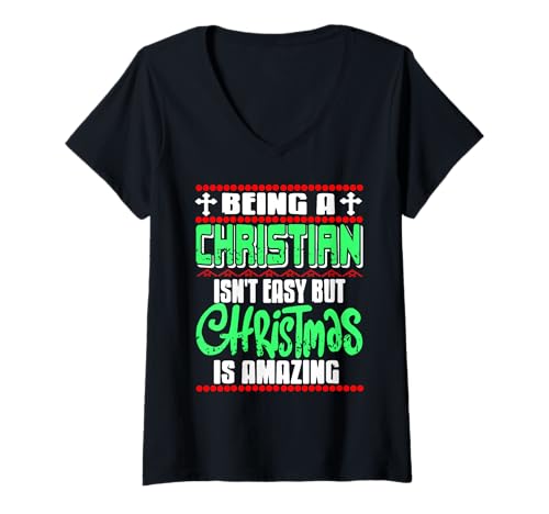 Damen Christsein ist schwer, Weihnachten ist wunderbar T-Shirt mit V-Ausschnitt Damen Christsein ist schwer, Weihnachten ist wunderbar T-Shirt mit V-Ausschnitt von Glaubensbotschaft für festliche Zeiten